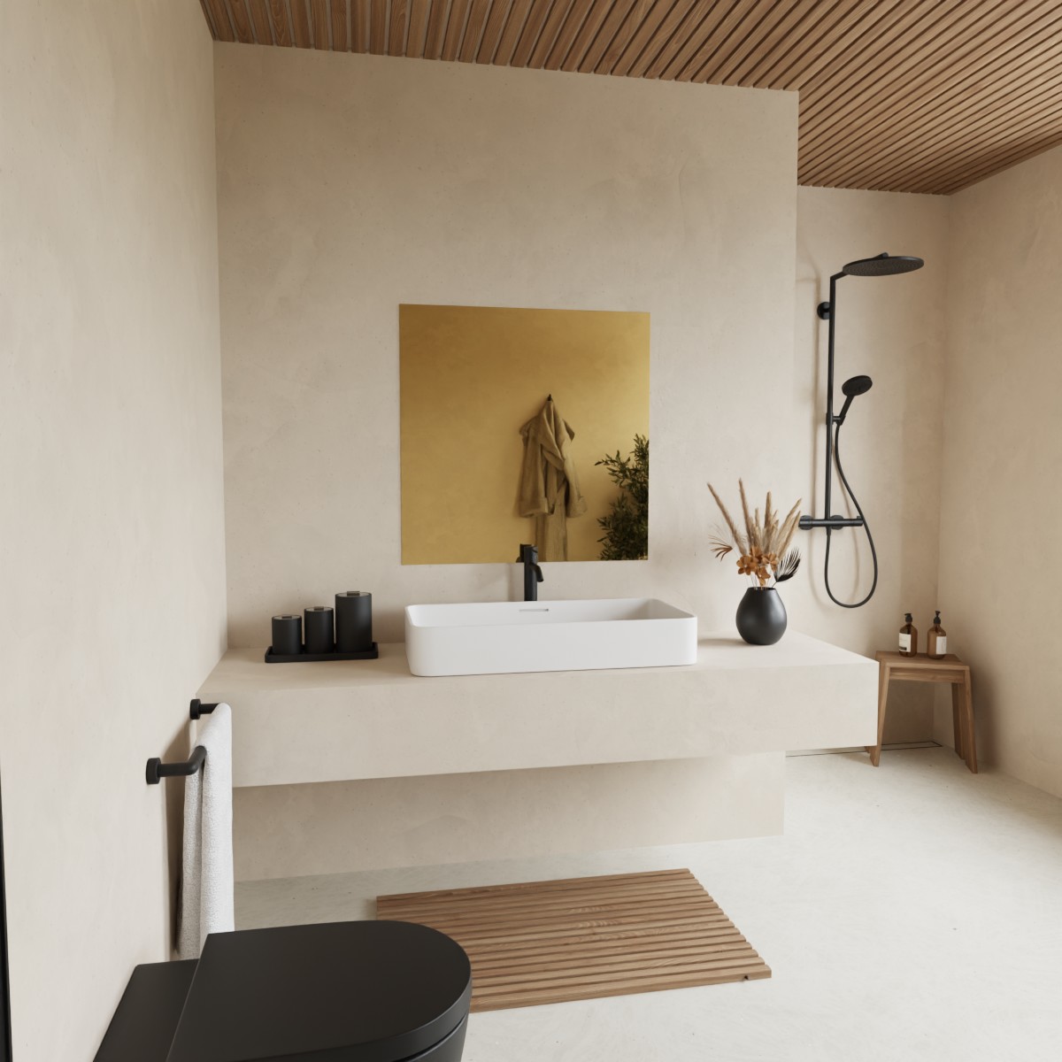 Goud gekleurde spiegel aan de muur in luxe interieur