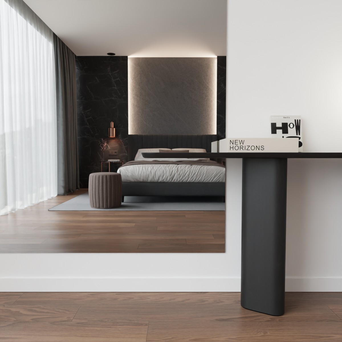 Grijs gekleurde industriële spiegel aan de muur in modern interieur