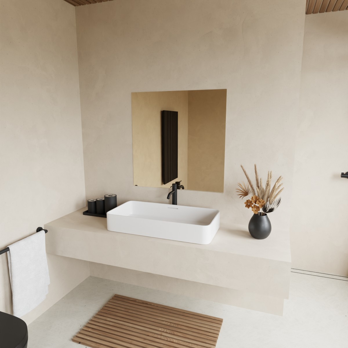 Kleine brons gekleurde spiegel aan de muur in modern interieur