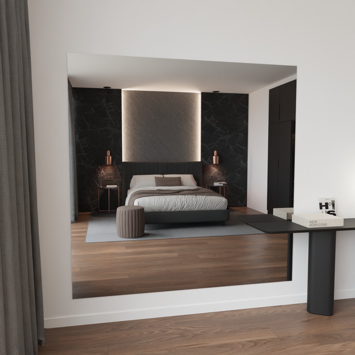 Plat poly grijs gekleurde spiegel aan de muur in moderne ruimte