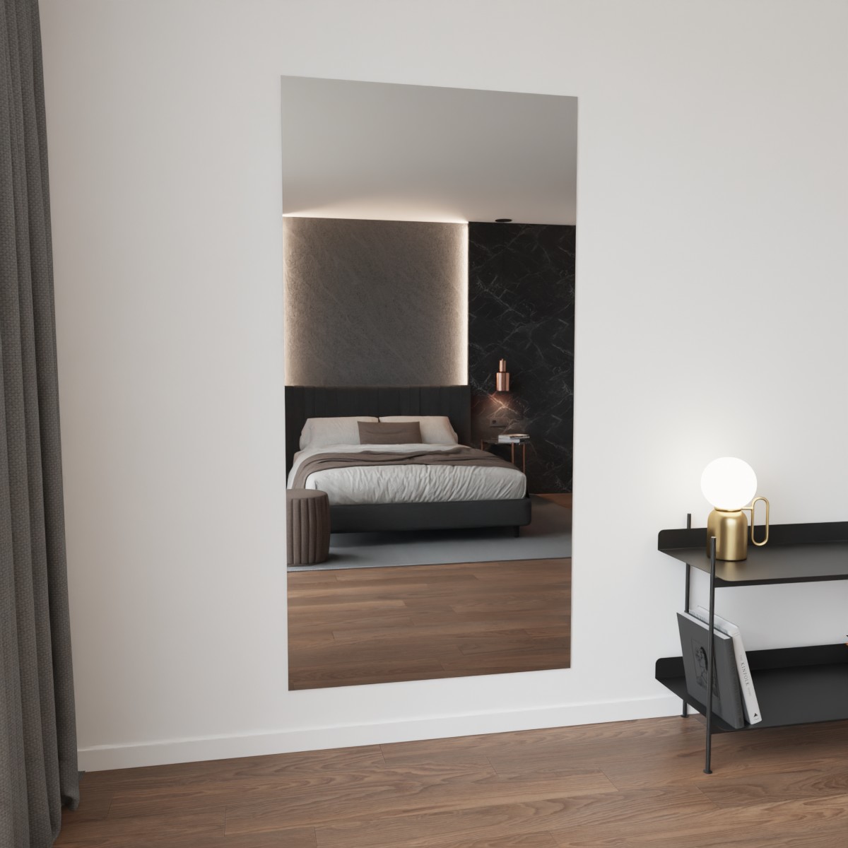 Rechthoekige grijs gekleurde spiegel aan de muur in strak interieur