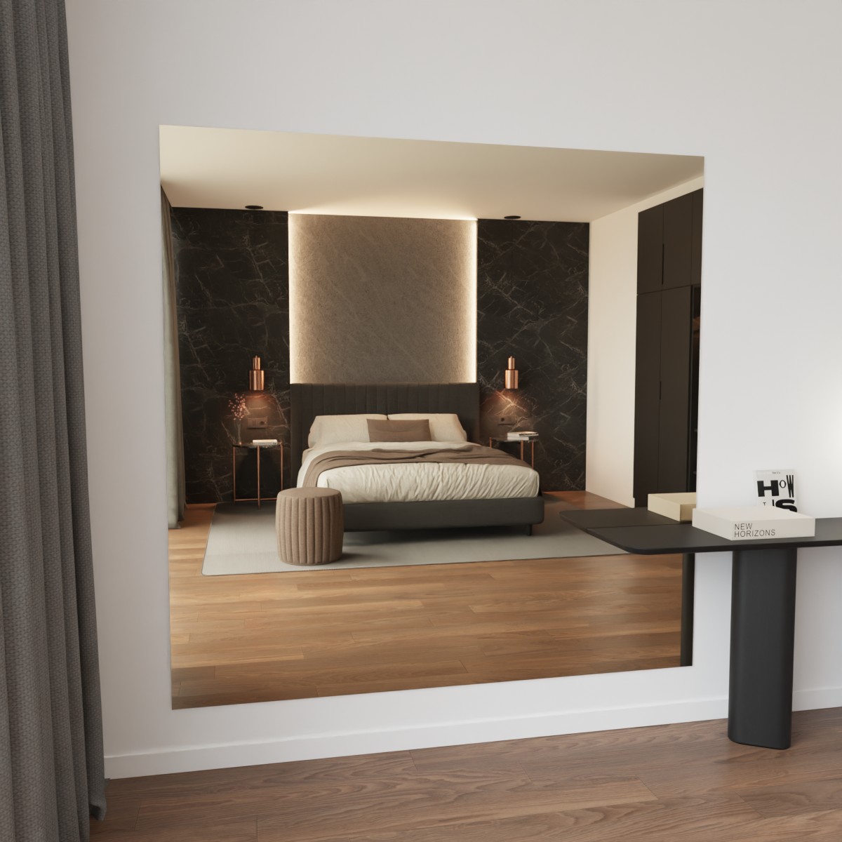 Brons gekleurde slaapkamerspiegel aan de muur in warm interieur