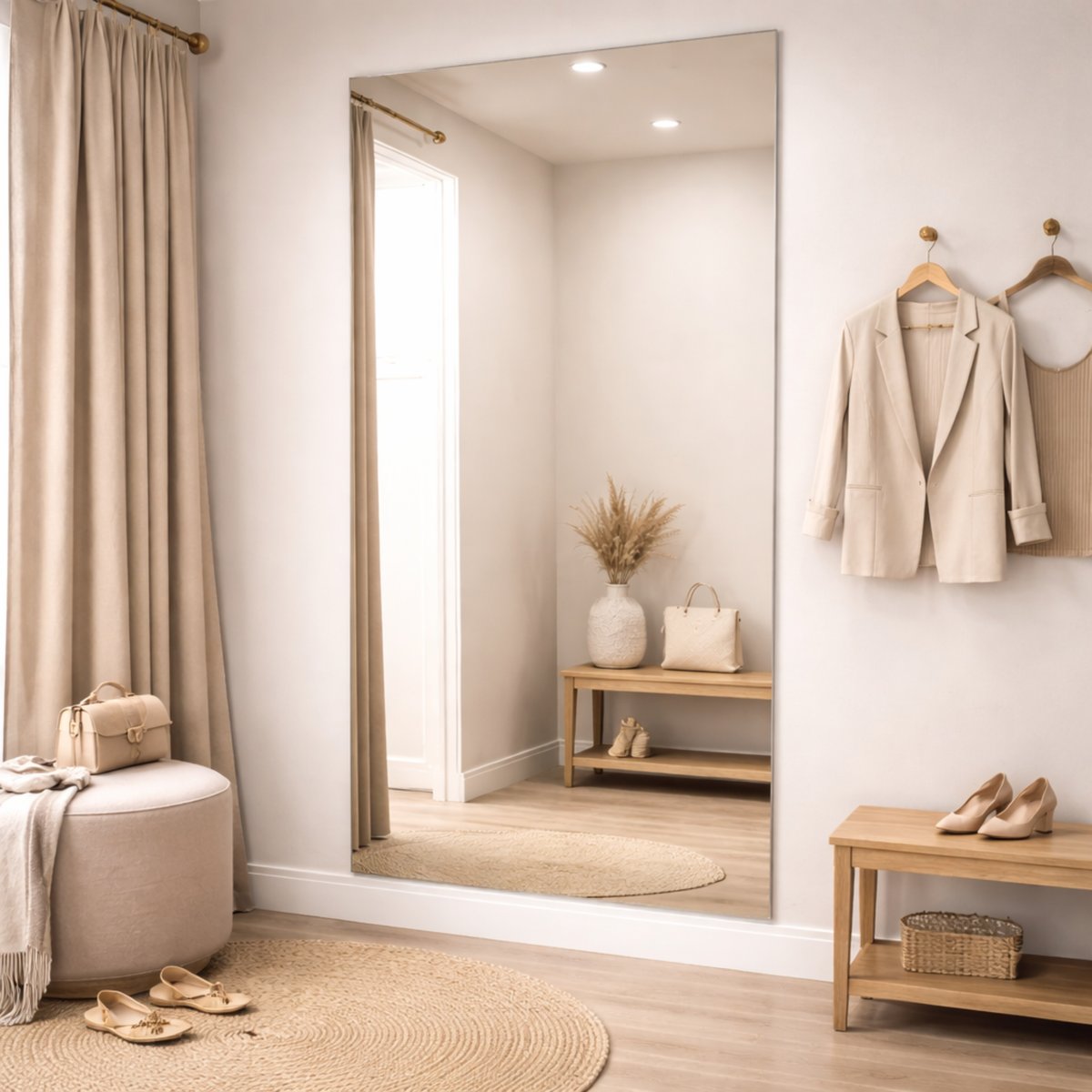 paskamerspiegel in een beige pashokje