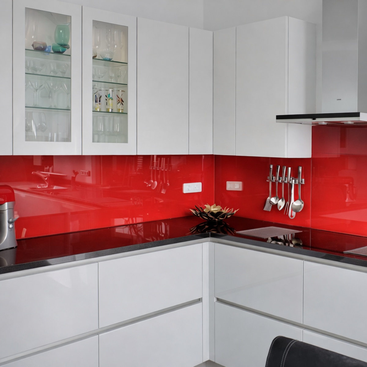 Keukenachterwand van rood gelakt glas