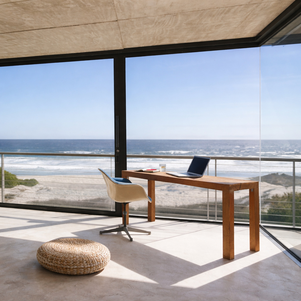 Vloer-tot-plafond ontspiegeld glas in een strandhuis.