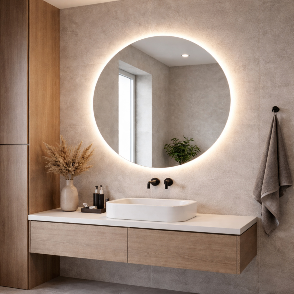 Ronde spiegel met indirecte LED-verlichting rondom in een moderne badkamer