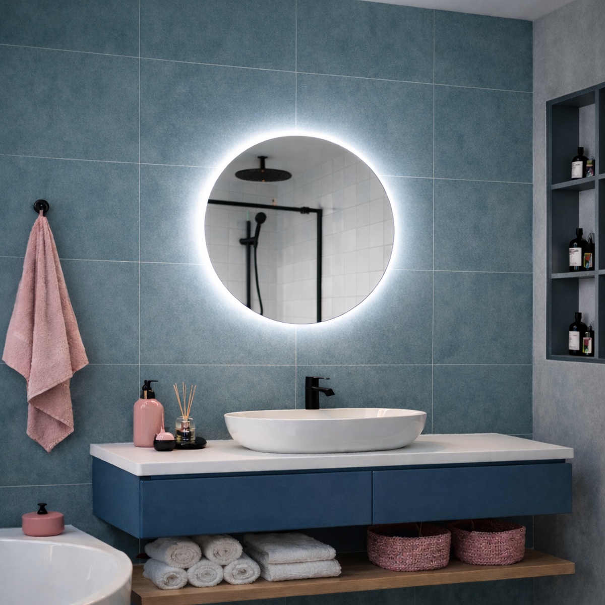 Ronde spiegel met indirecte rondom led verlichting, in een stijlvolle badkamer