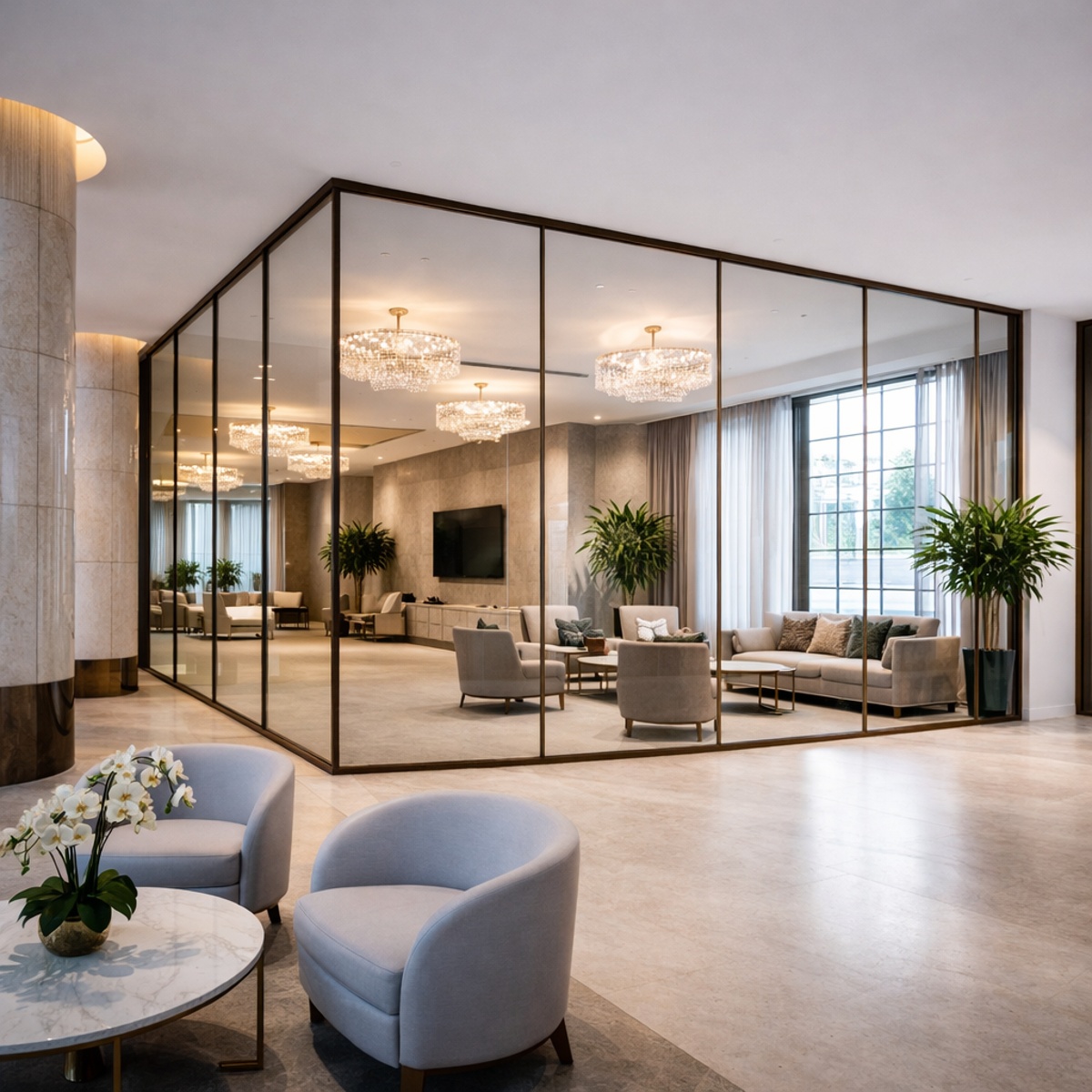 Brandwerend glas in een glazen binnenwand in een luxe lobby