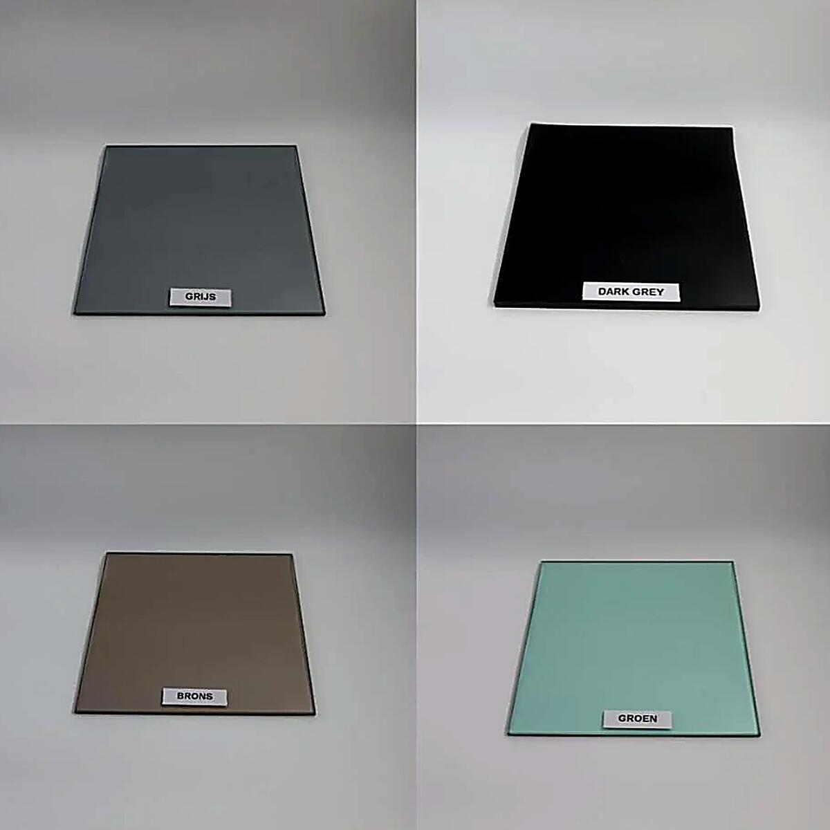 Gekleurd glas samples grijs, brons, dark grey en groen