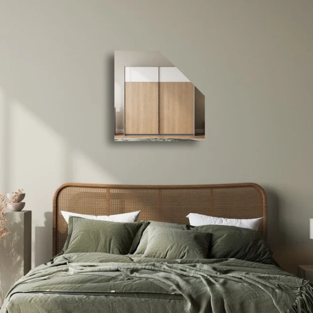 Spiegel schuine zijde rechts in een slaapkamer