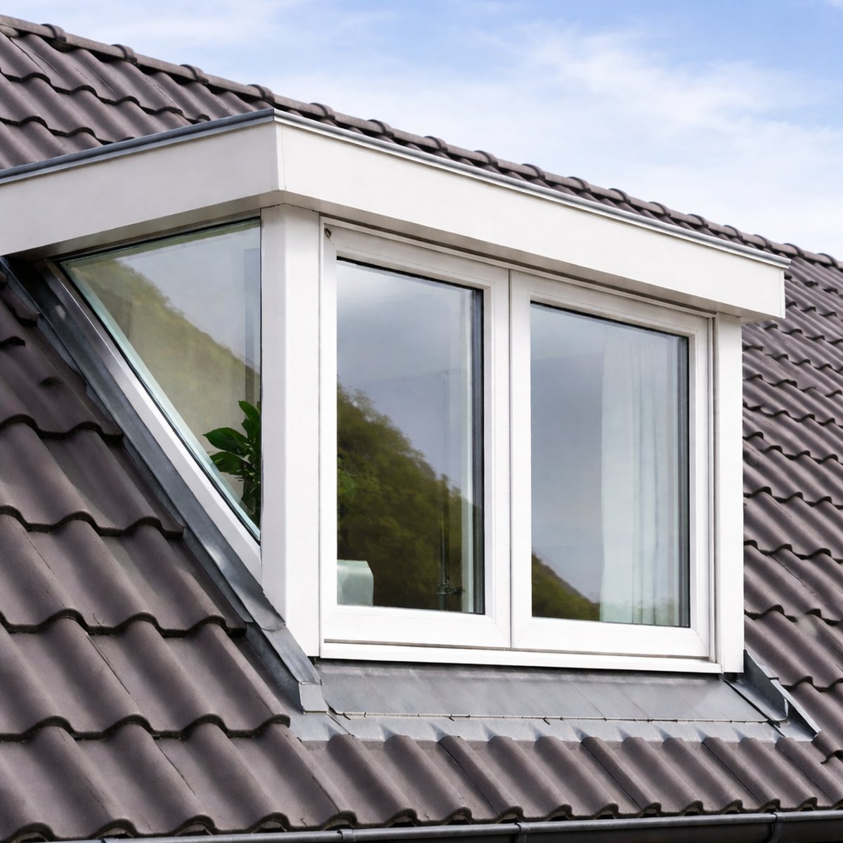 Een raam in driehoekvorm dat links afloopt en is uitgevoerd in gehard glas