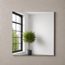 Vierkante verzilverde spiegel zonder lijst aan een lichte wand.