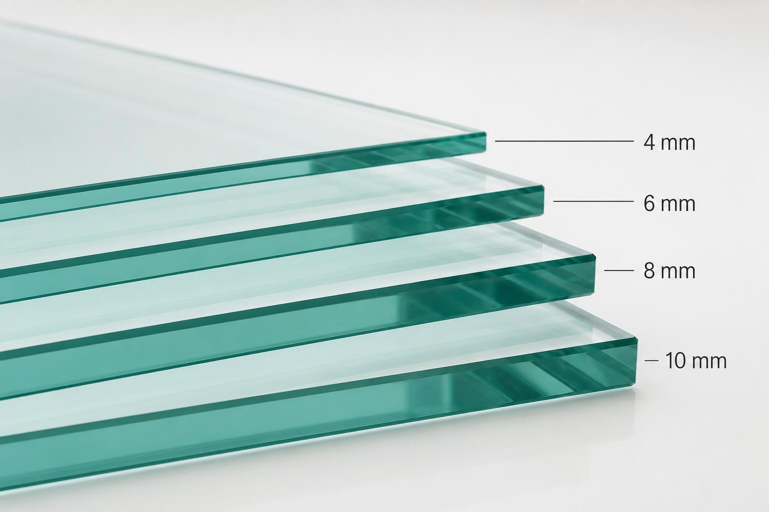 Verschillende glasdiktes van 4, 6, 8 en 10 mm naast elkaar